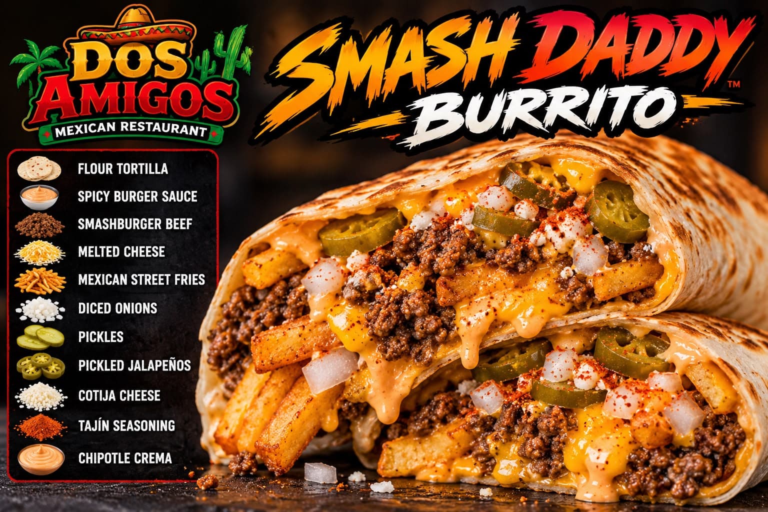 Smash Daddy Burrito with smashburger beef, queso and Mexican street fries